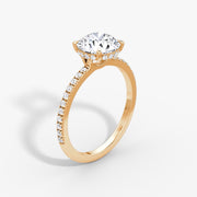 Round Cut - Pave Band Hidden Halo - Classic Engagement Ring- 14 K Gold